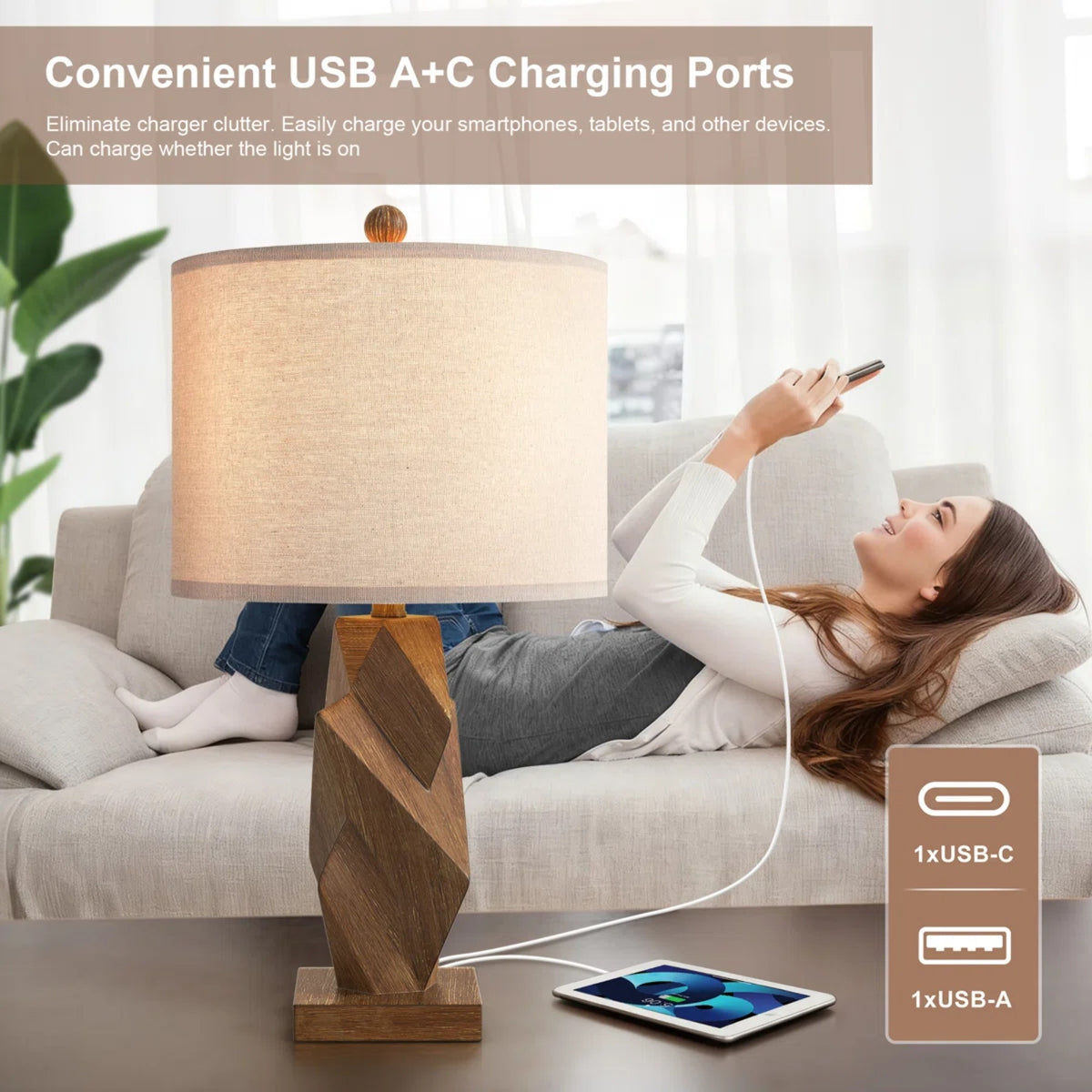 Farmhouse Table Lamps Set of 2, 24.5-Inch, Wood Grain Resin, USB Charging Ports