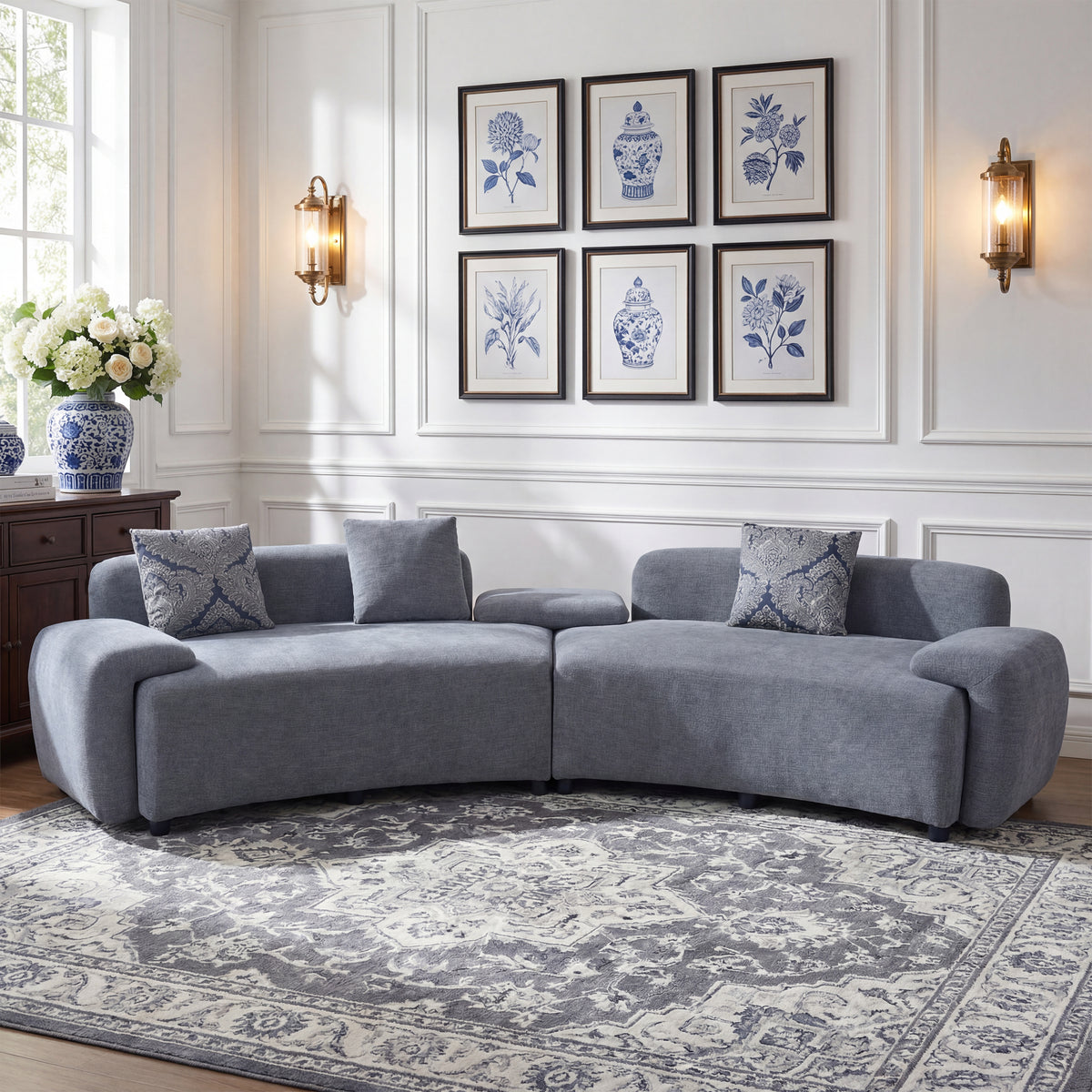 122-Inch Grey Curved Sofa, 4-Seat, Medium-Soft Fabric
