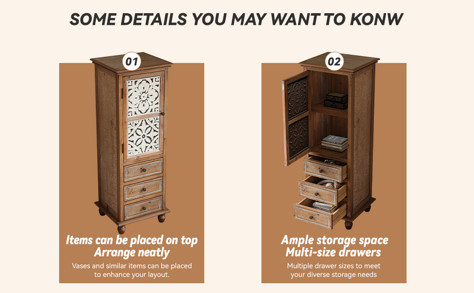 Rustic Wooden Storage Cabinet with Decorative Cutout Door & 3 Drawers