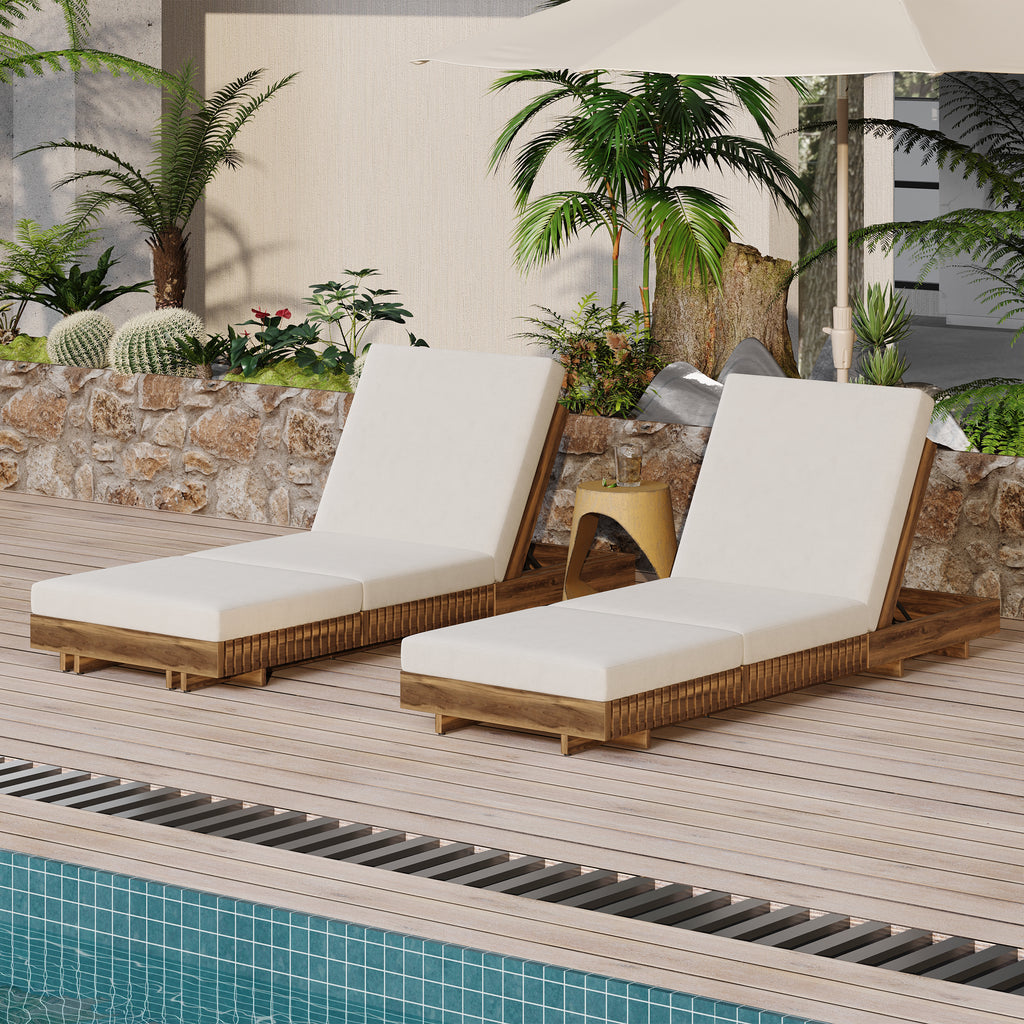 Acacia Solid Wood Lounge Chaise Set with Cream Cushion
