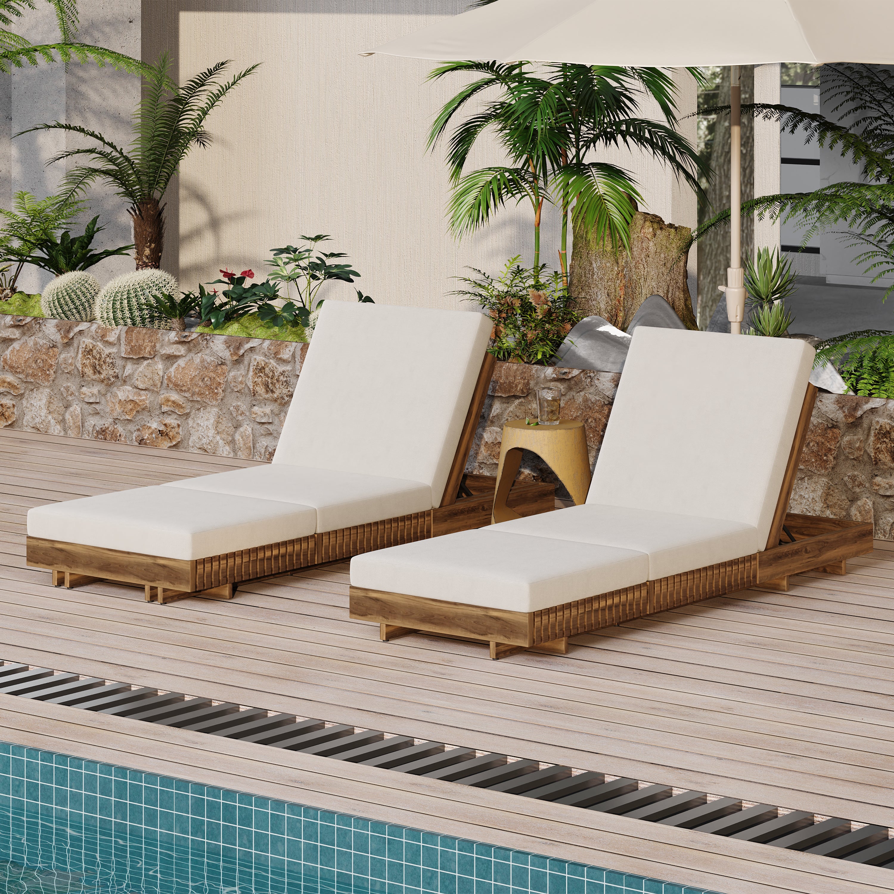 Acacia Solid Wood Lounge Chaise Set with Cream Cushion