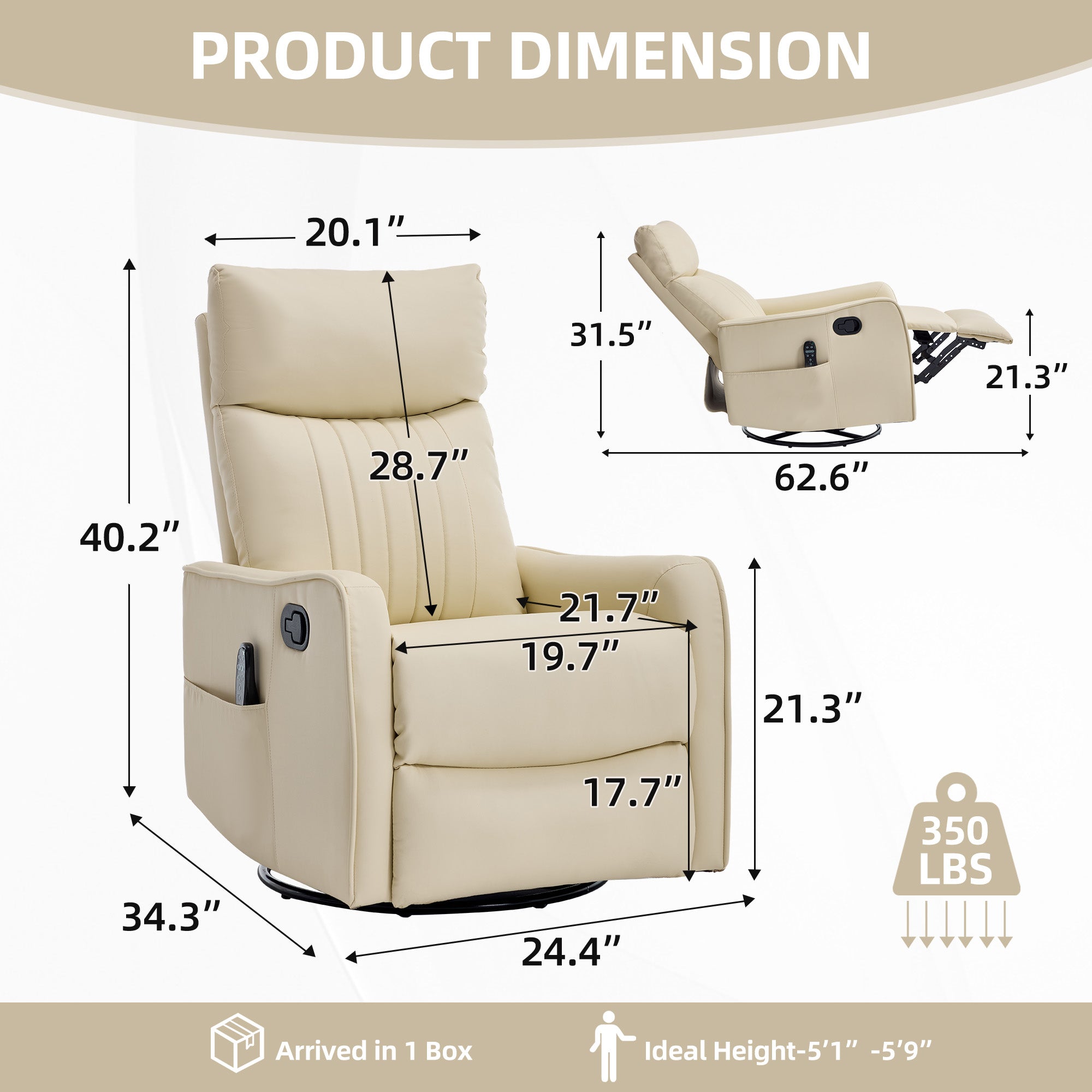 Beige Heat Massage Manual Recliner Chair with Rocker and Swivel in Faux Leather