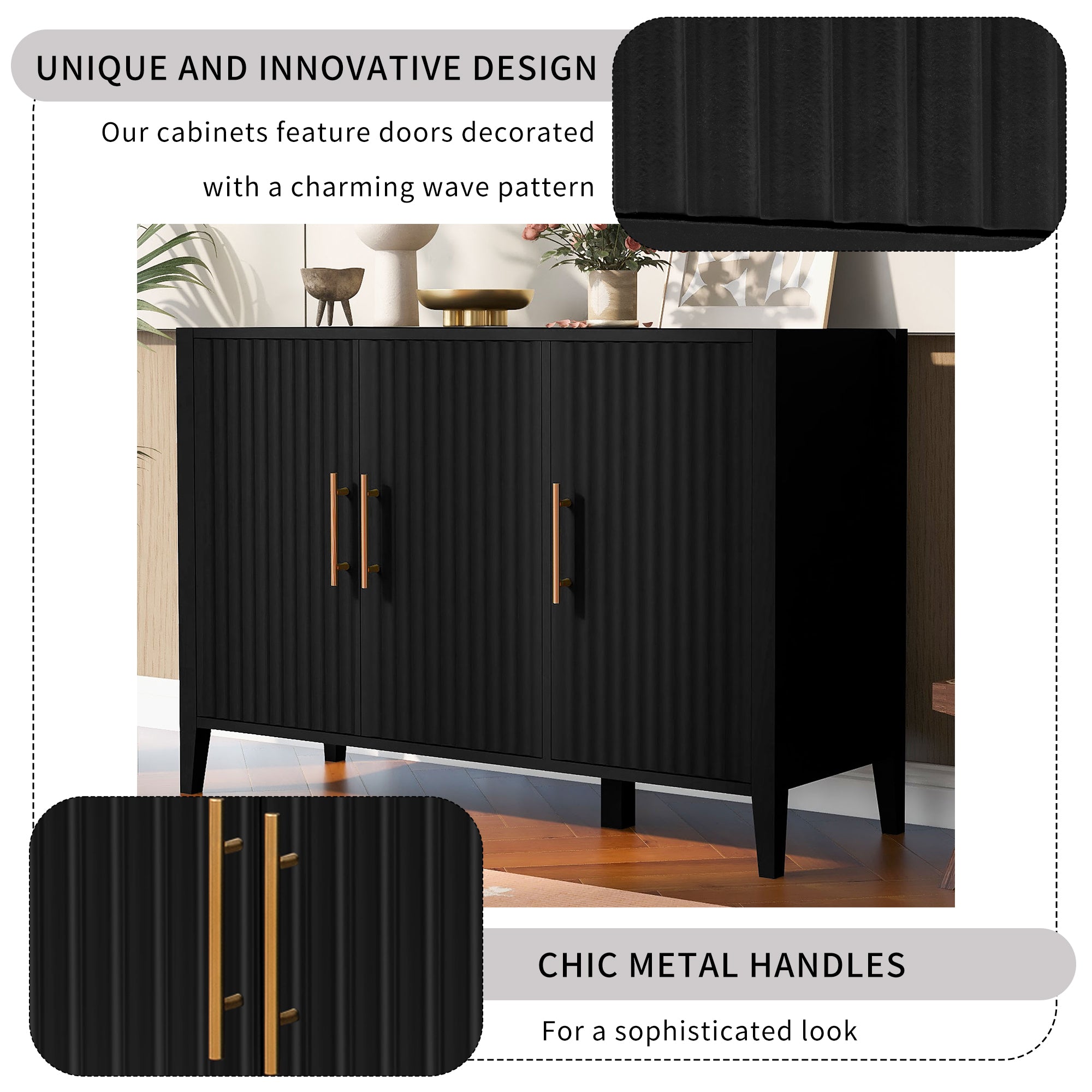 U-Style Wavy 3-Door Sideboard with Solid Pine Legs