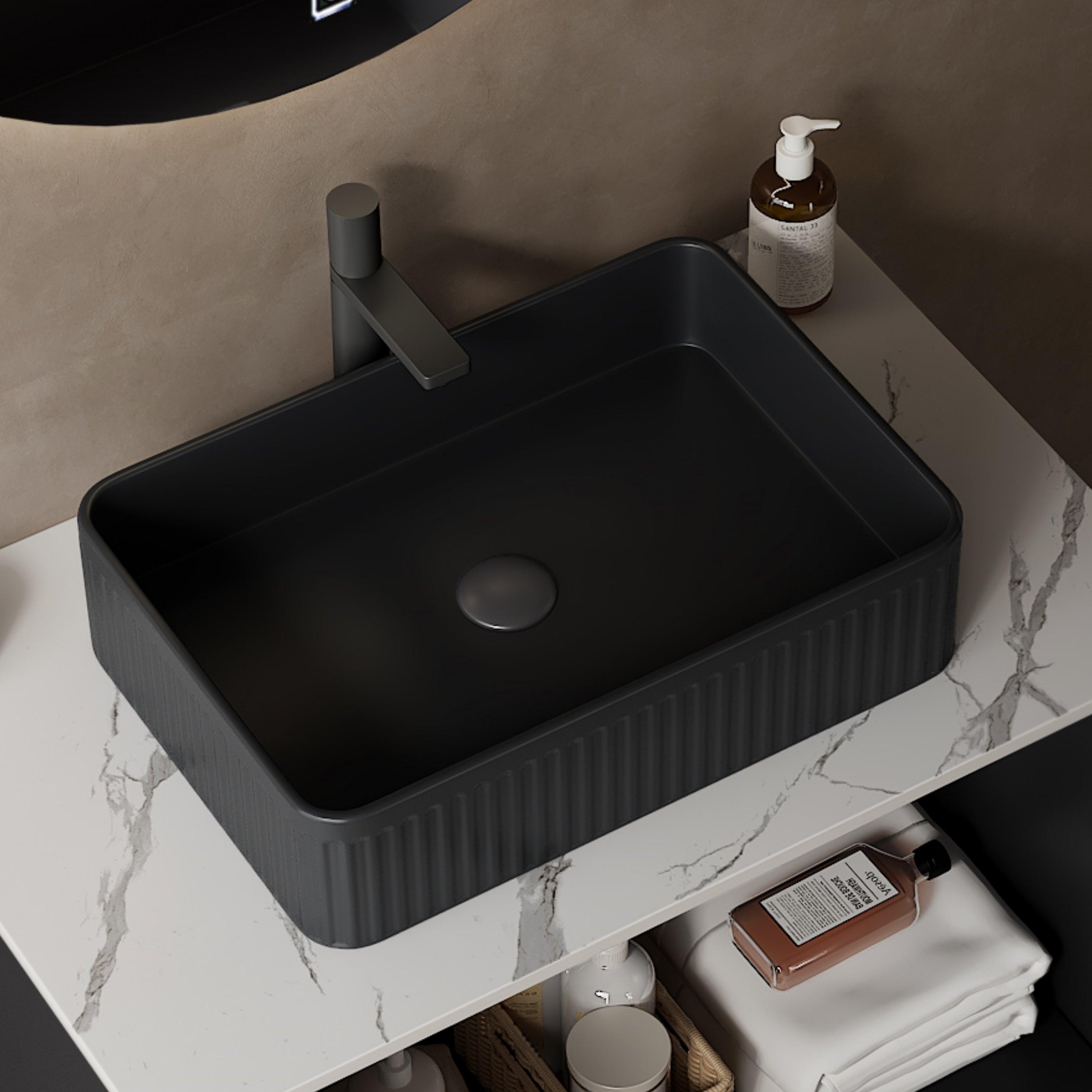 20'' Bathroom Sink, Rectangular Striped Vessel Ceramic Basin