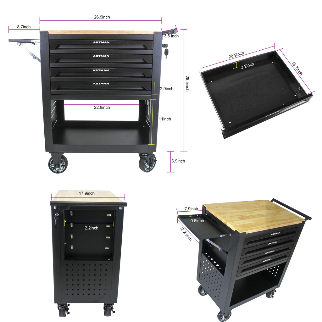 4 Drawers Multifunctional Tool Cart with Wheels and Wooden Top
