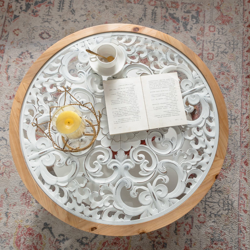 31.5-Inch Round Coffee Table with Open Storage, Solid Wood, Farmhouse Style, Antique White