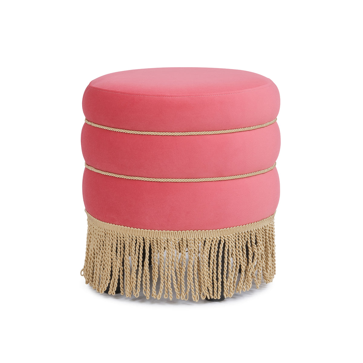 Edward Round Upholstered Ottoman, 17.5-Inch, Rose Pink Velvet with Bullion Fringe