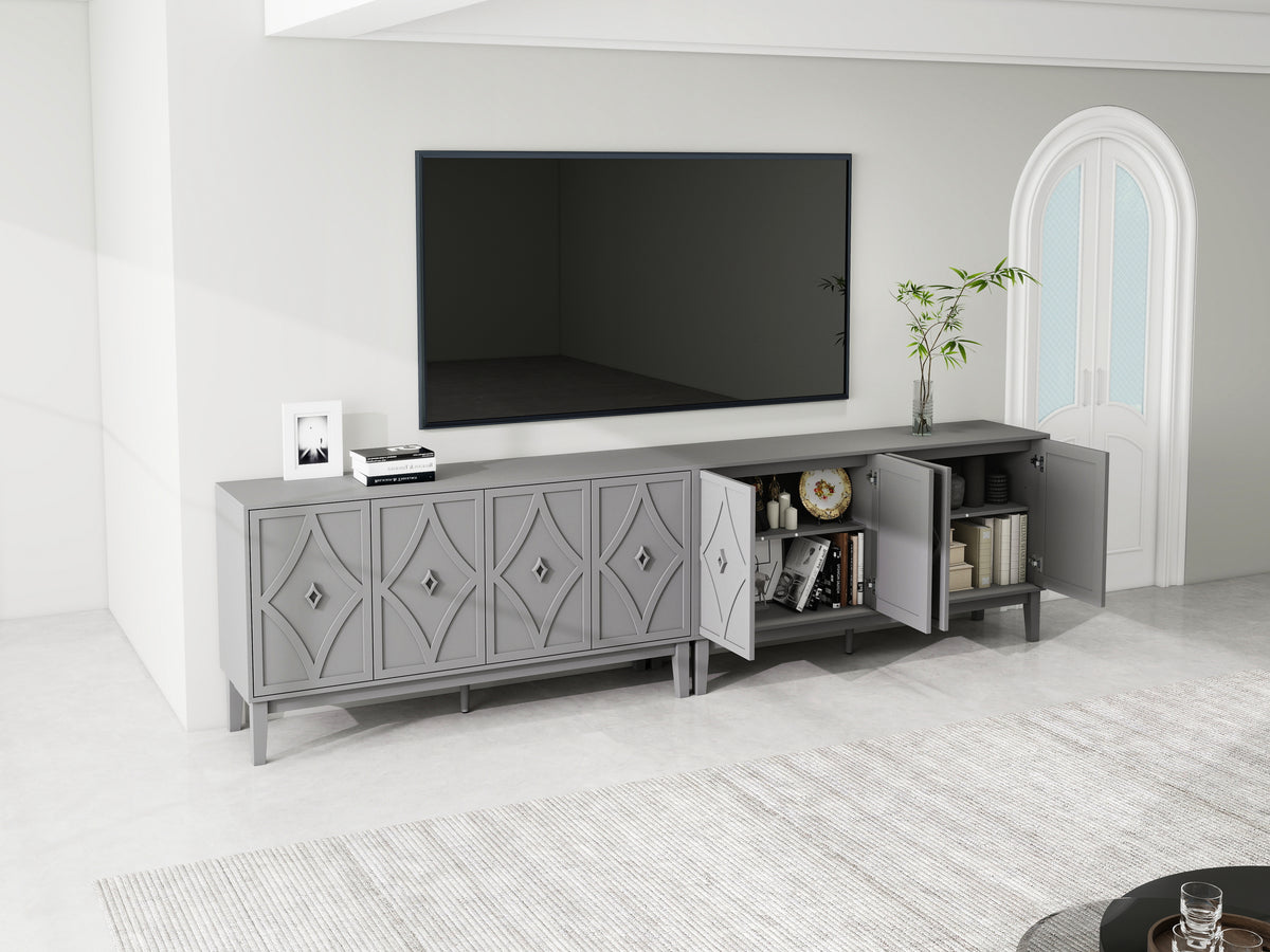 4 Doors Cabinet Vintage Storage Cabinet with Hand-Carved Geometric Doors