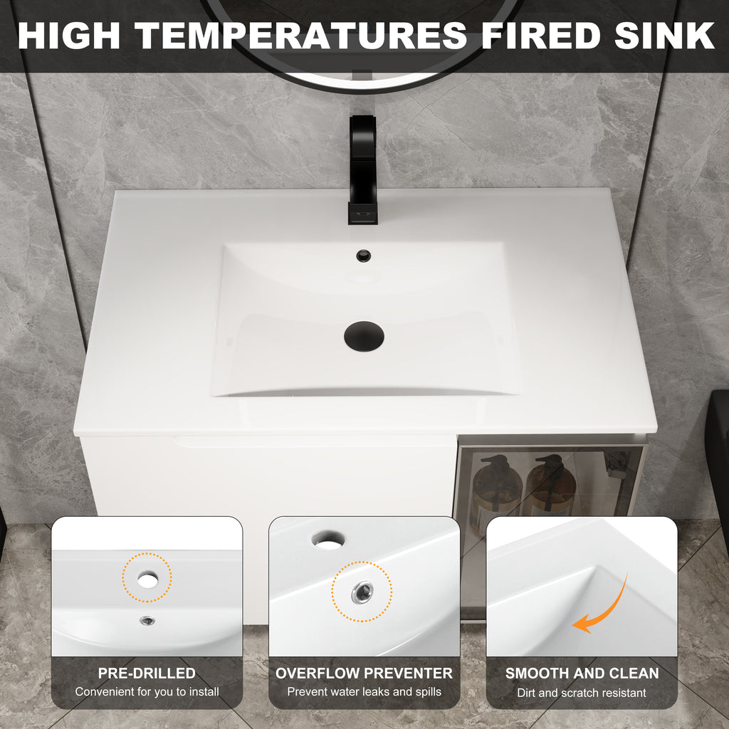 30" Wall-Mounted Bathroom Vanity With Ceramic Sink