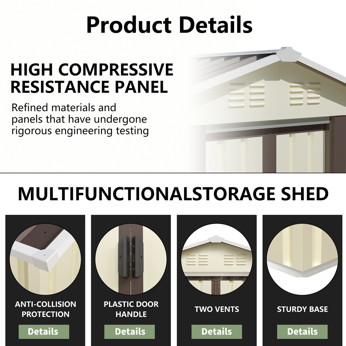 5x3 FT Metal Garden Shed with Sliding Double Doors, Beige