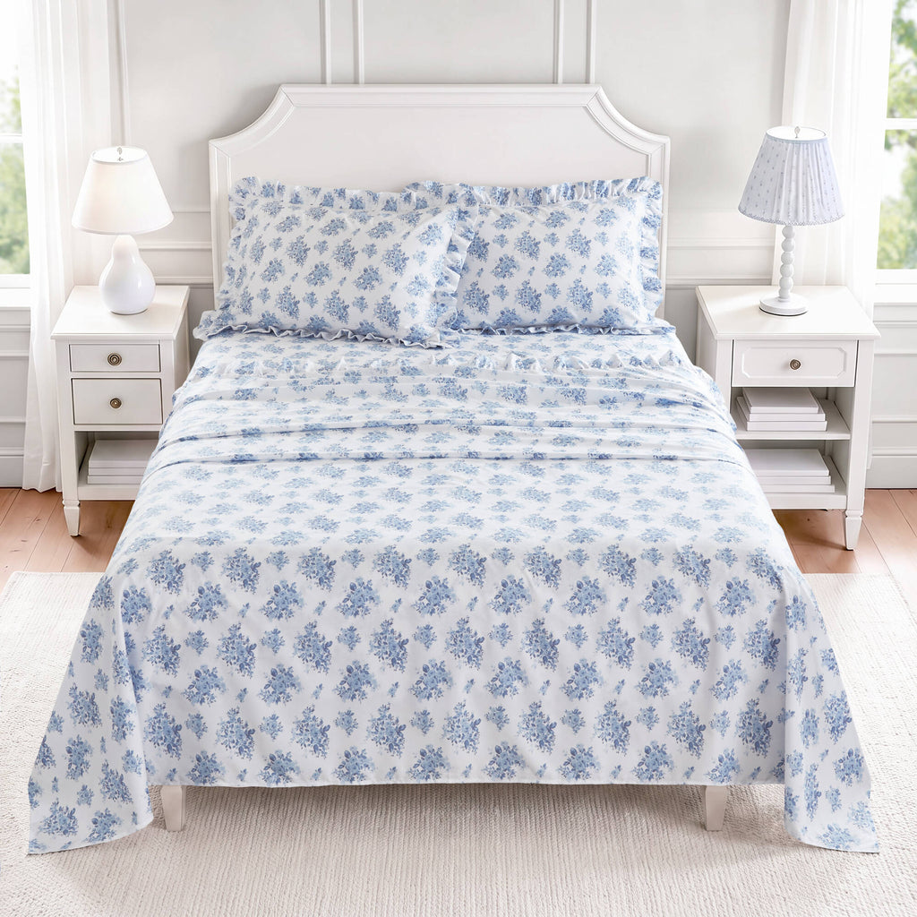 4-Piece King Microfiber Sheet Set, Blue Floral, Ruffled Hem