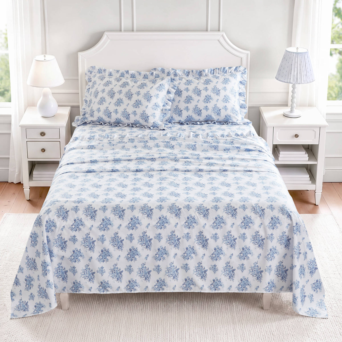 4-Piece King Microfiber Sheet Set, Blue Floral, Ruffled Hem
