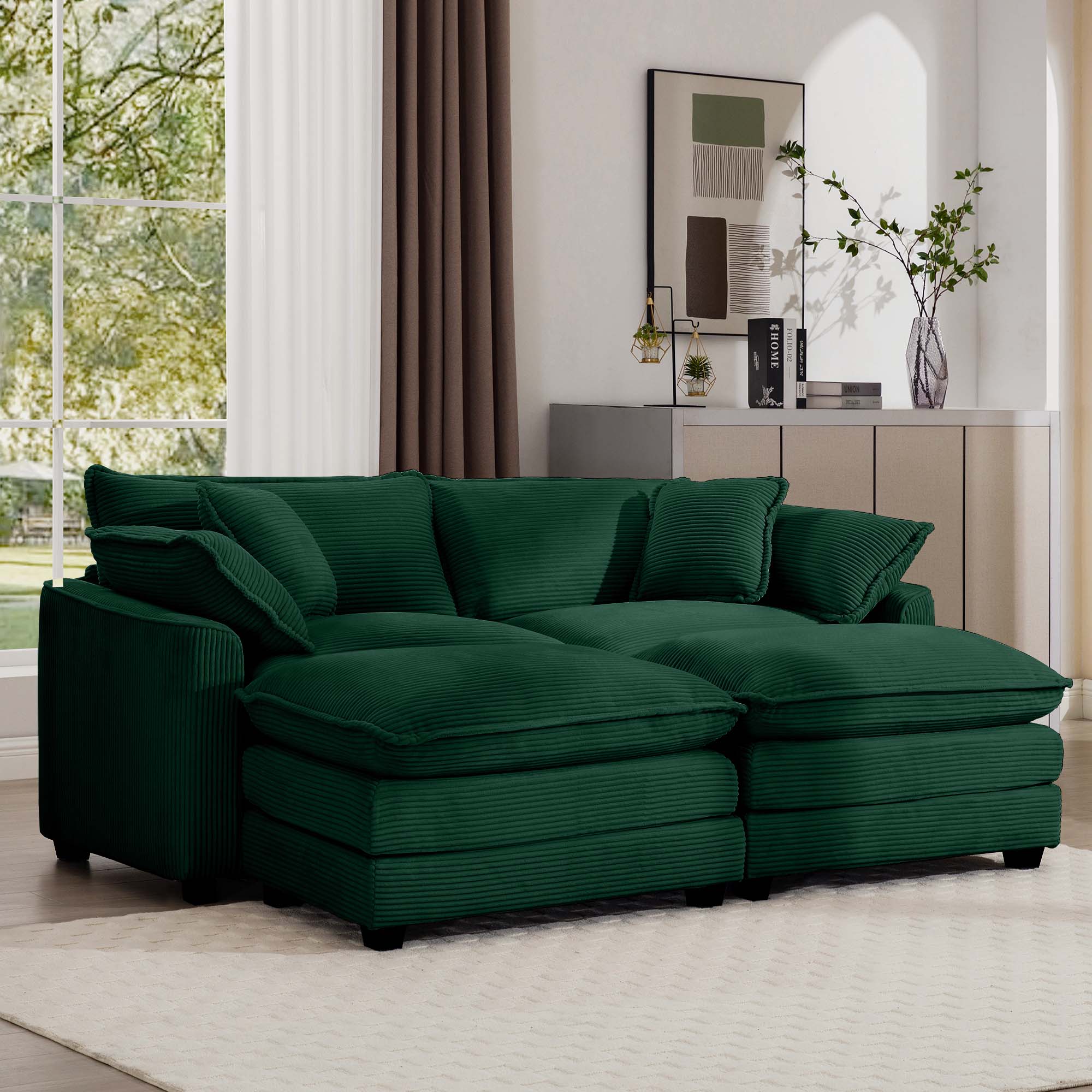 Corduroy Two-Seater Sofa with Ottoman
