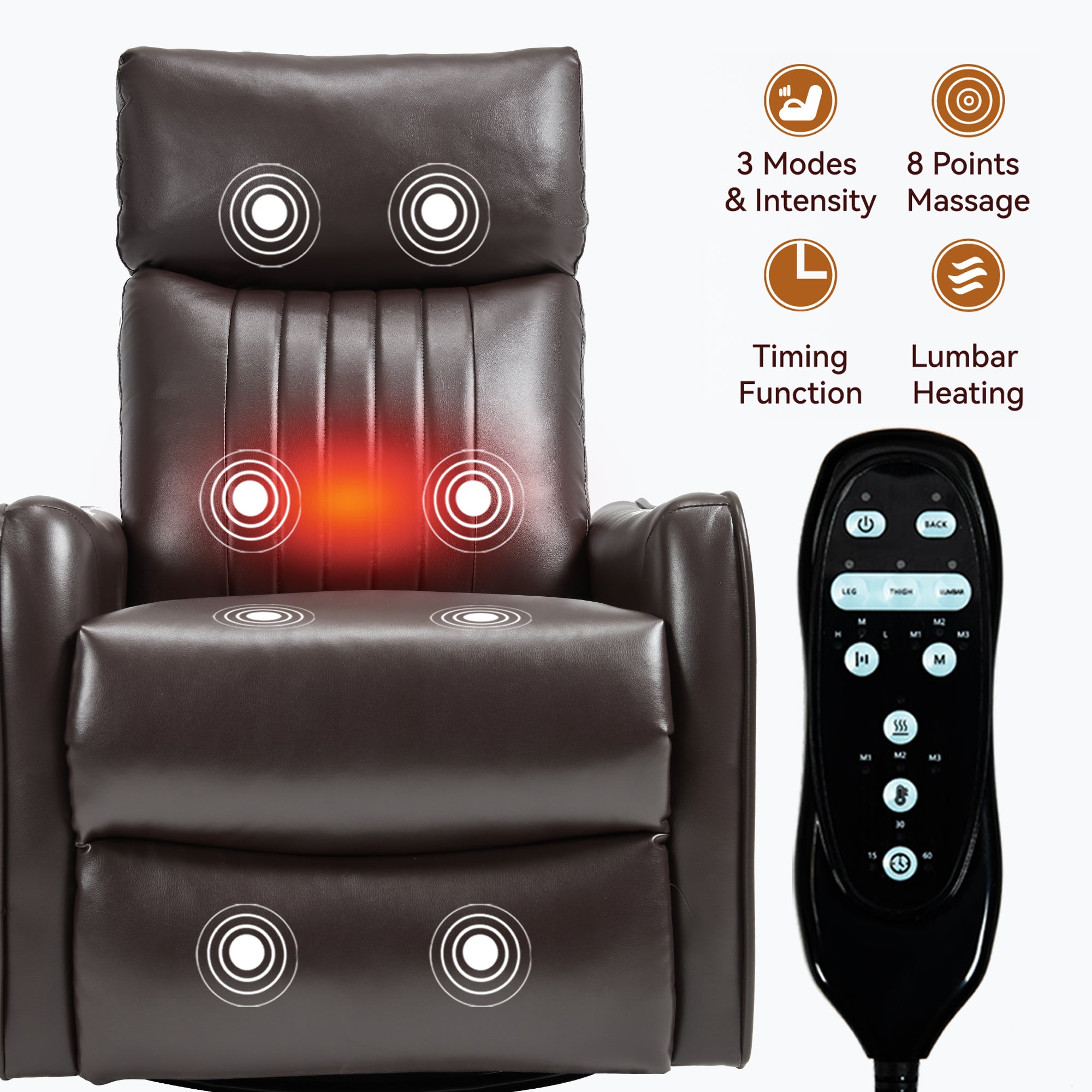 Brown Faux Leather Heat Massage Manual Recliner Chair