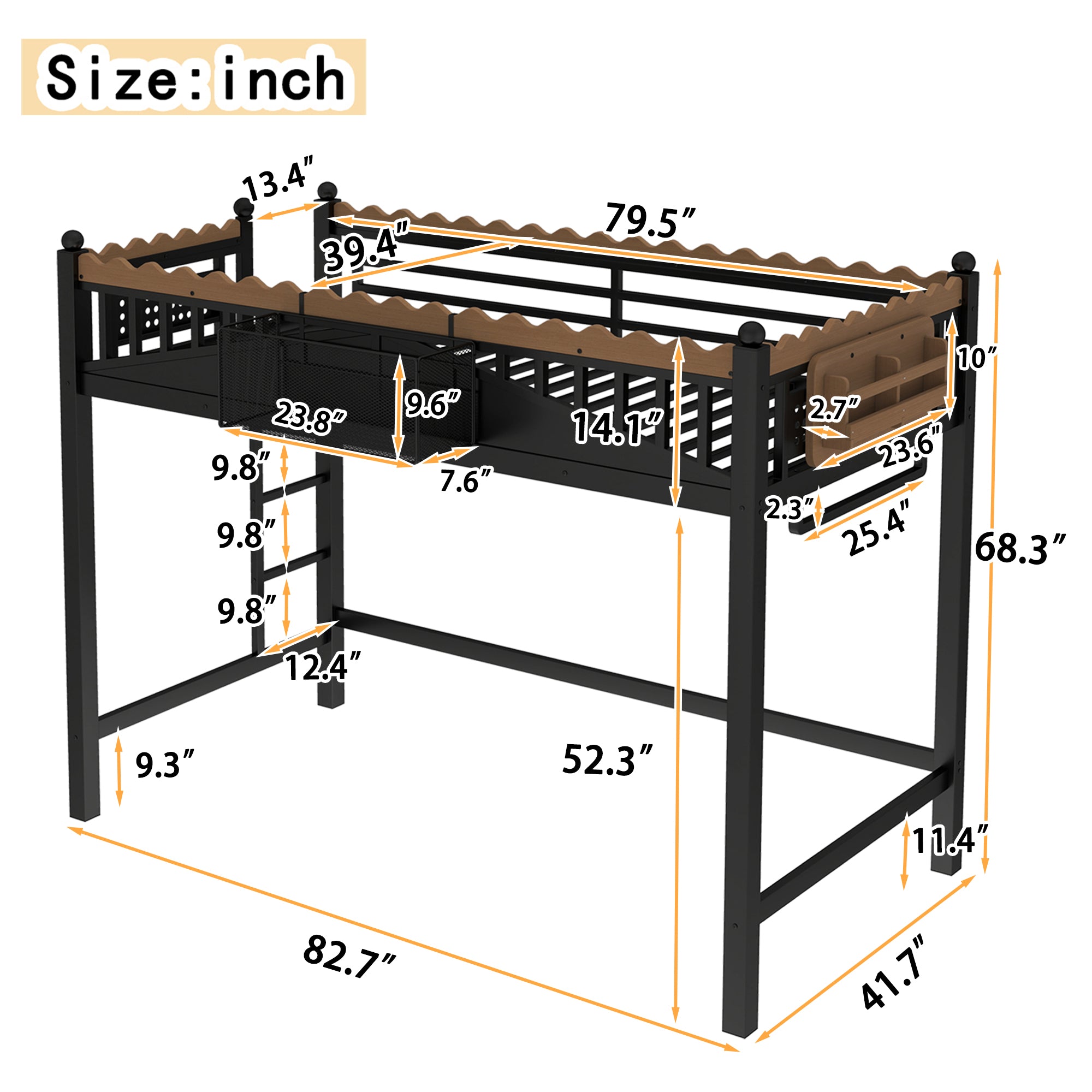 Twin XL Size Loft Bed with Ladders, Storage Shelves, and Bookshelf