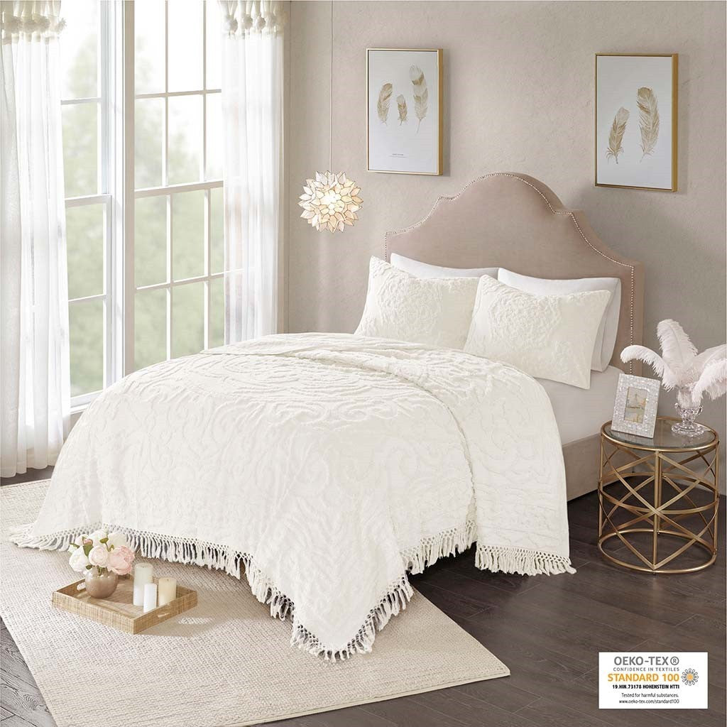Tufted Cotton Chenille Medallion Fringe Coverlet Mini Set - Off-White Twin/Twin XL