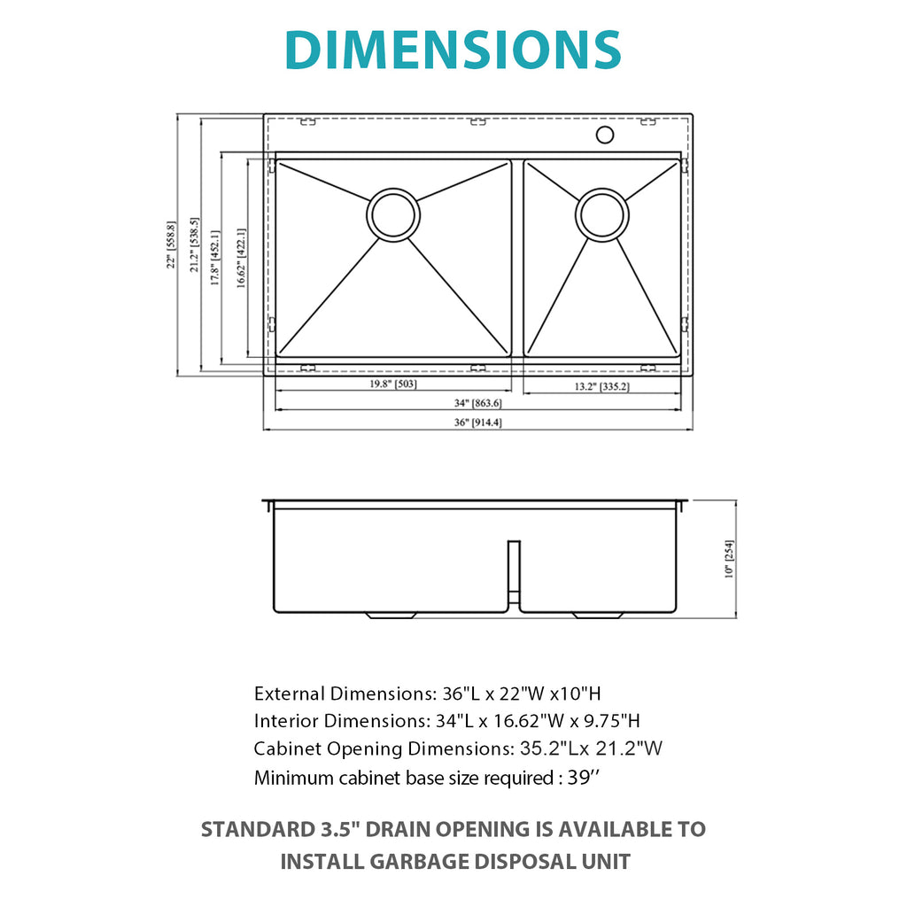 Topmount Drop In Kitchen Sink - 36"x 22" Double Bowl