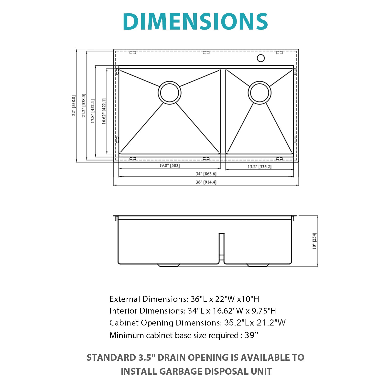 Topmount Drop In Kitchen Sink - 36"x 22" Double Bowl