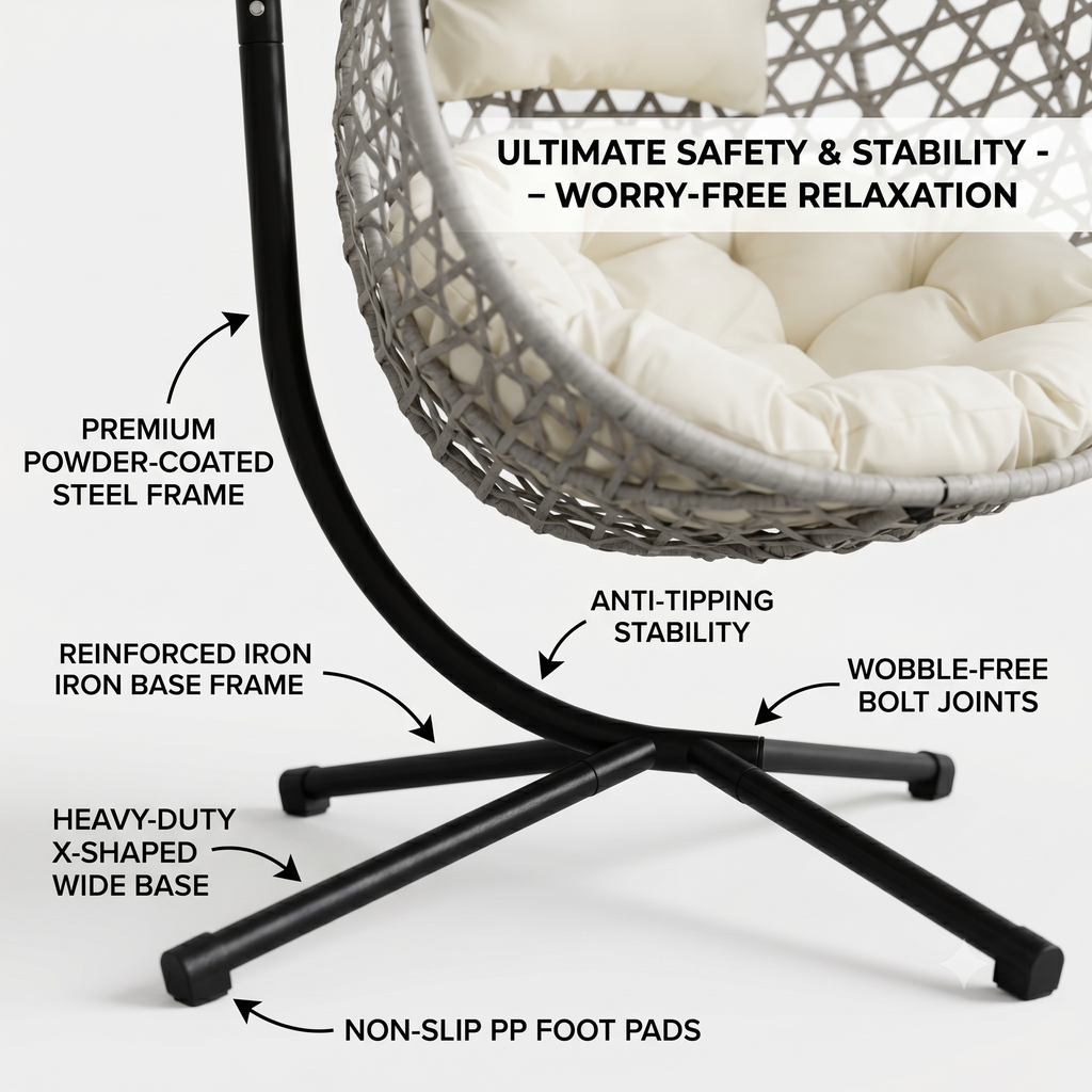 Foldable Hanging Egg Chair with Stand, HDPE Rattan Wicker