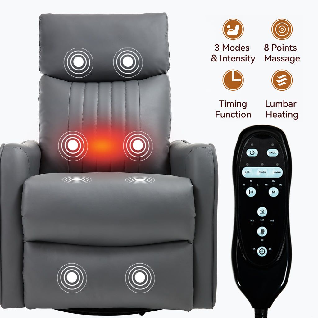 Grey Faux Leather Heat Massage Manual Recliner Chair