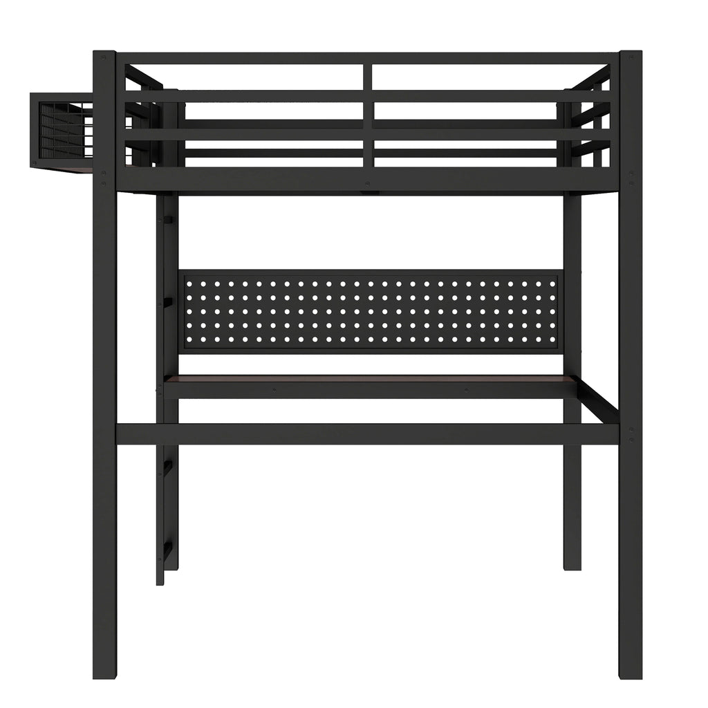 Full Size Loft Bed Frame with Desk and Storage Basket