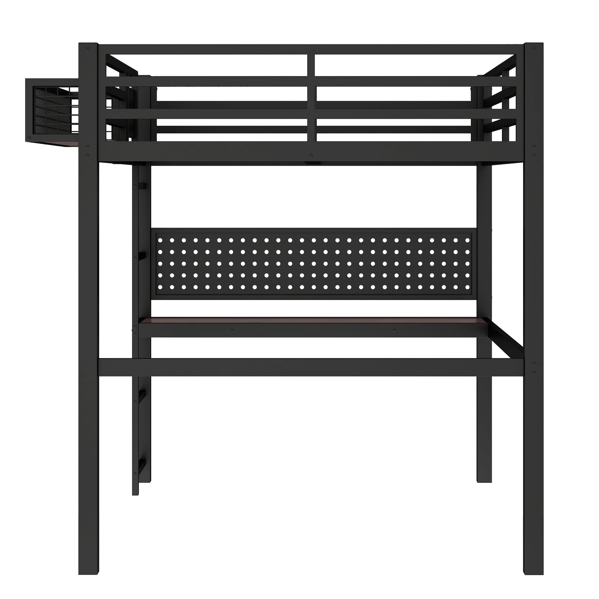Full Size Loft Bed Frame with Desk and Storage Basket