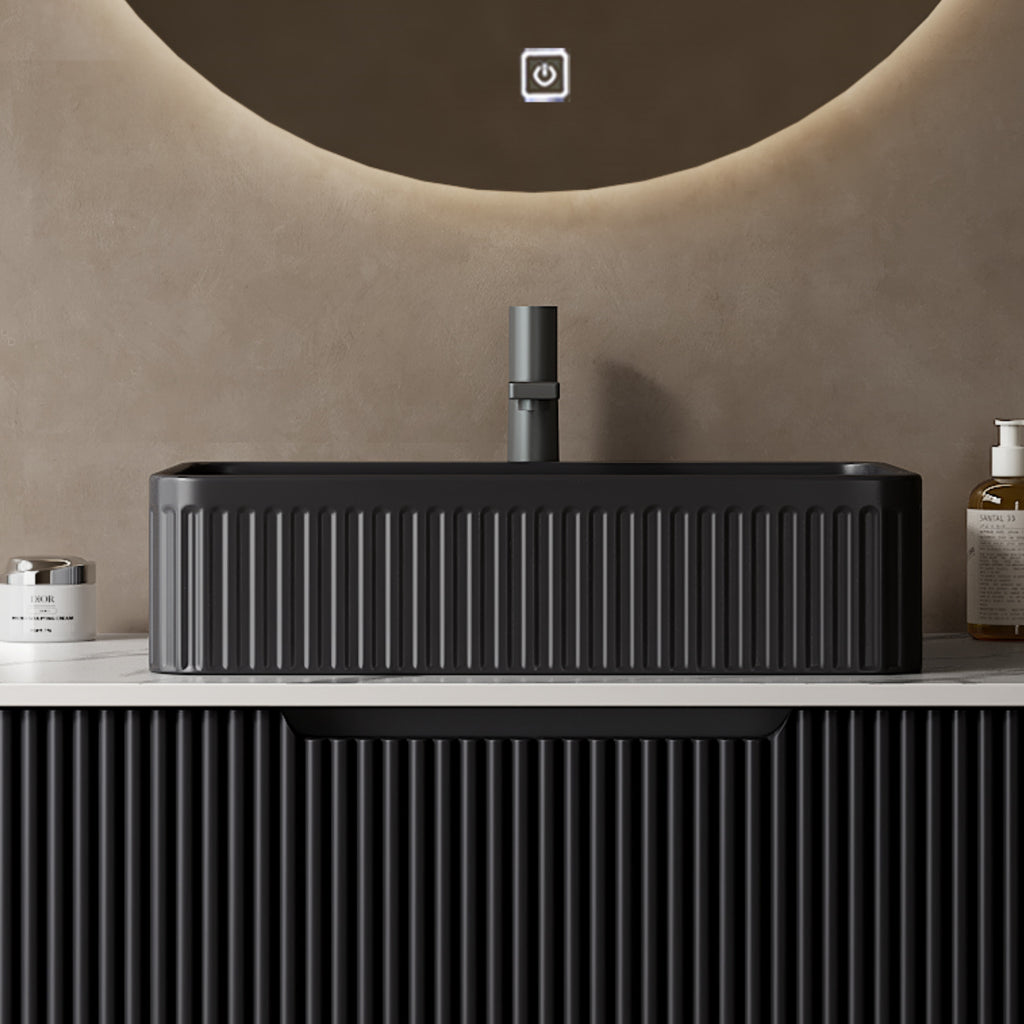 20'' Bathroom Sink, Rectangular Striped Vessel Ceramic Basin