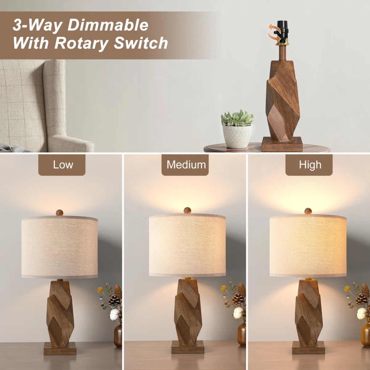 Farmhouse Table Lamps Set of 2, 24.5-Inch, Wood Grain Resin, USB Charging Ports