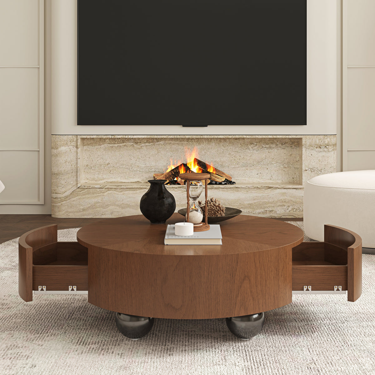 35.43 Inch Drum Shaped Round Coffee Table