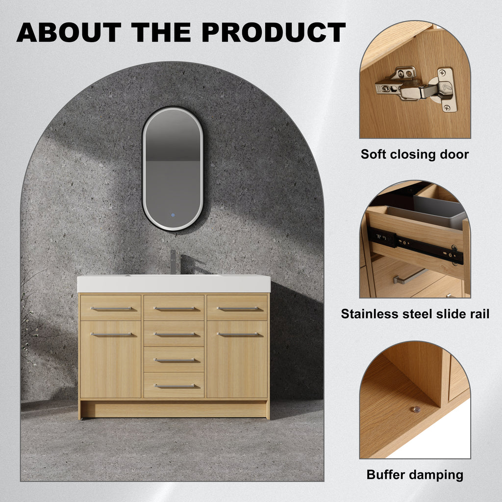 48" Freestanding Bathroom Vanity with Resin Sink, 2 Soft Closing Door & 6 Soft Closing Drawer