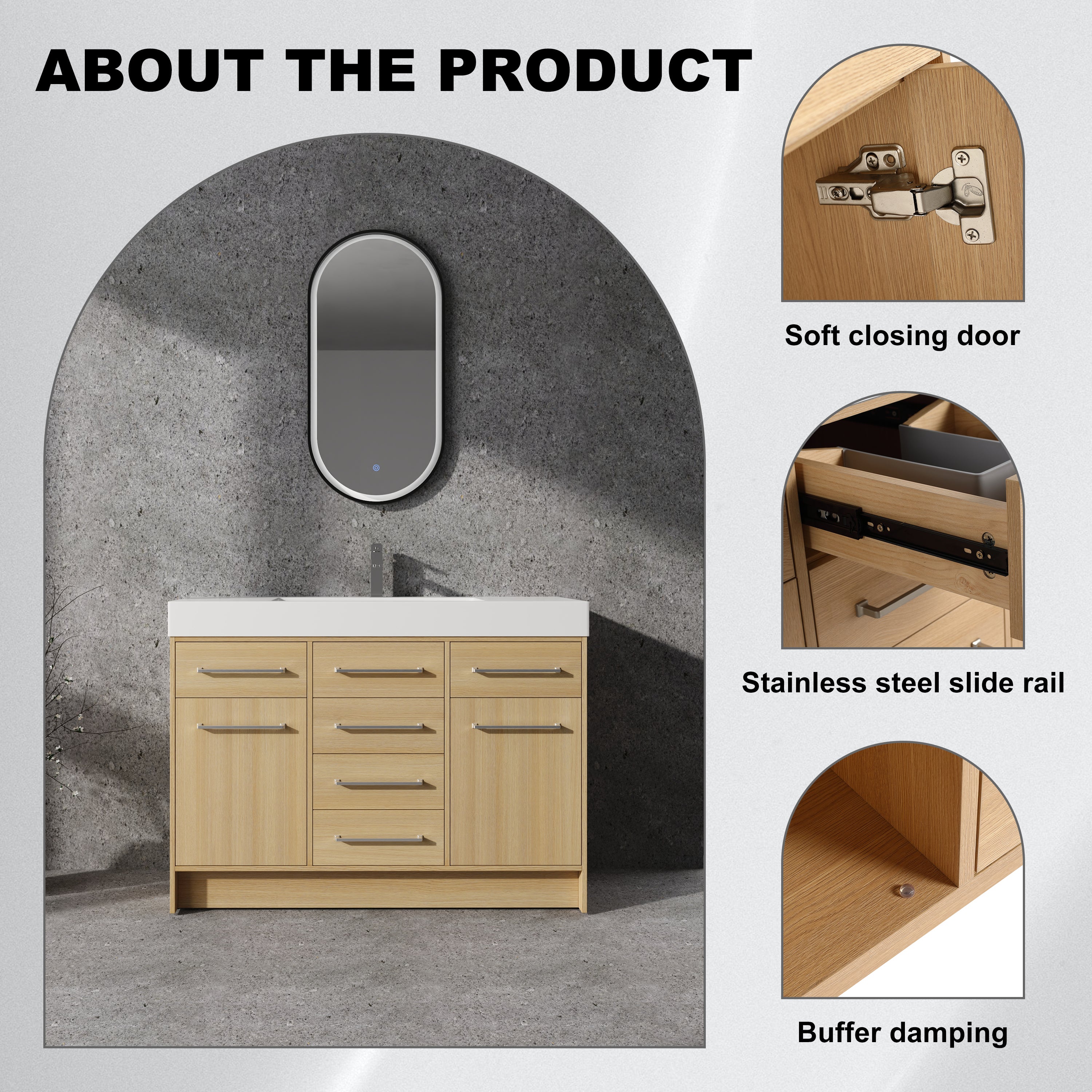 48" Freestanding Bathroom Vanity with Resin Sink, 2 Soft Closing Door & 6 Soft Closing Drawer