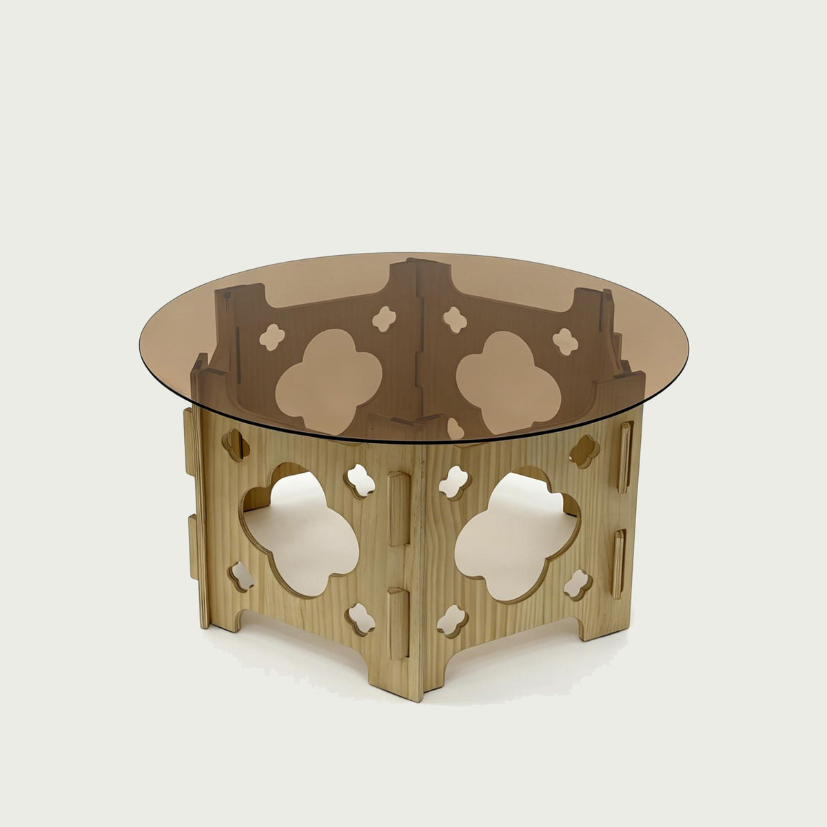 31.1-Inch Round Tempered Glass Coffee Table, Natural Wood and Caramel