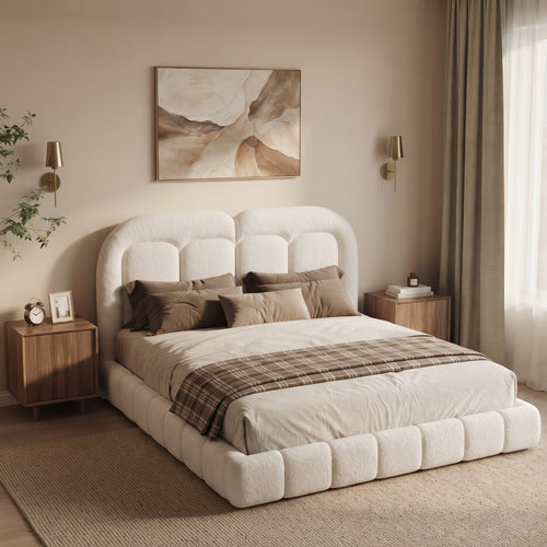 King Size Boucle Upholstered Platform Bed with Tufted Headboard