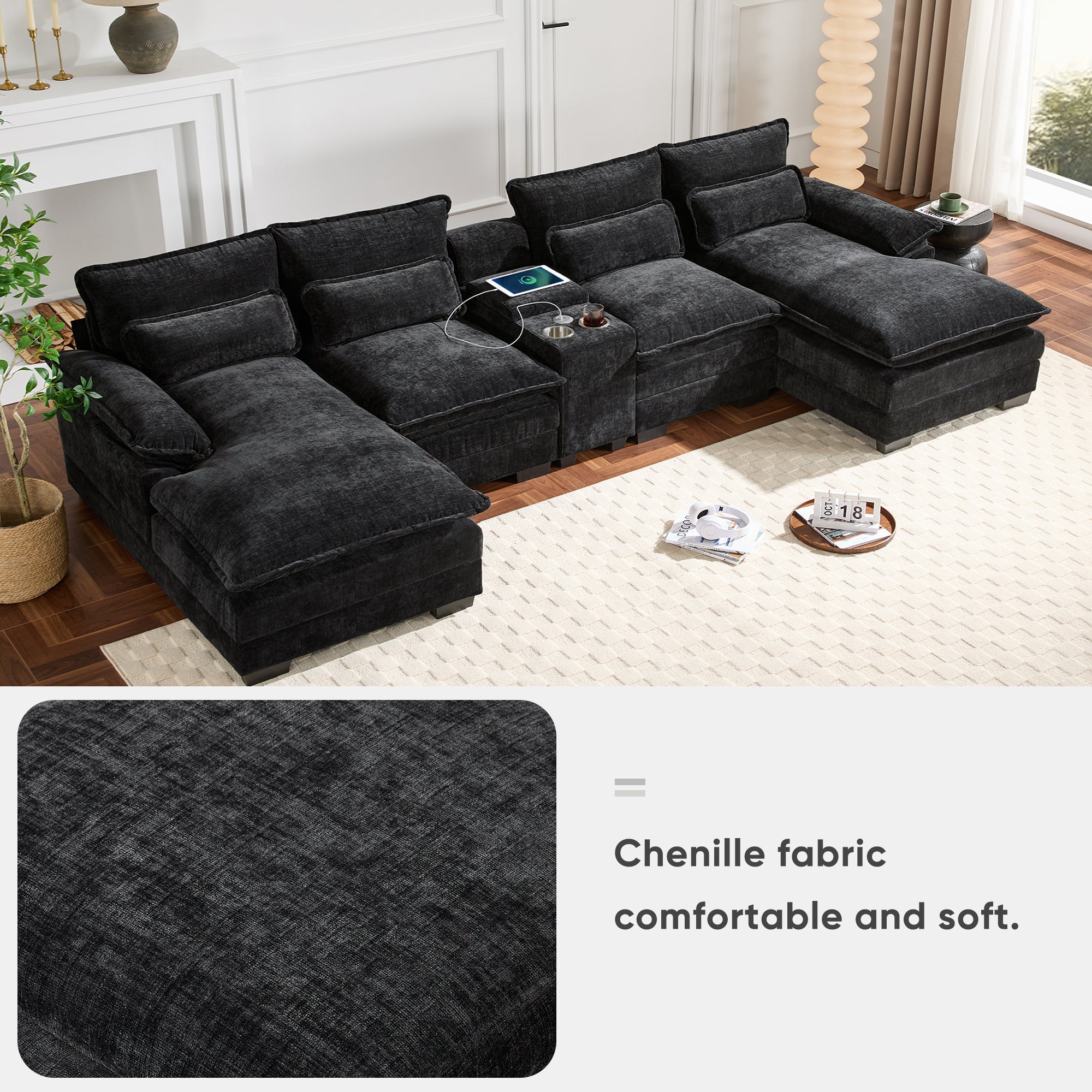 Modern U-Shaped Sectional Sofa with Console, Cup Holders and USB Charger