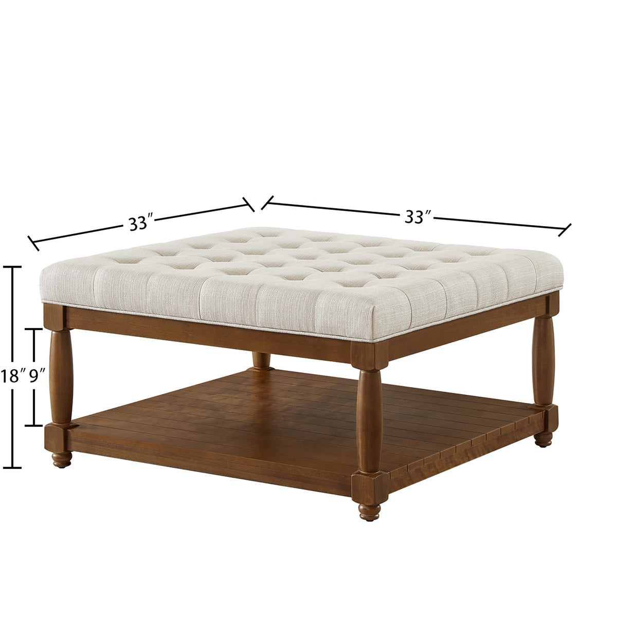 Large Square Upholstered Tufted Linen Ottoman, Ivory