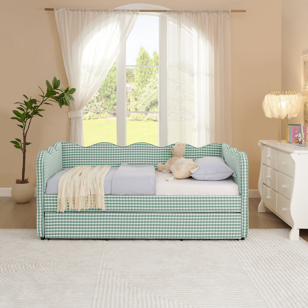 Cozy Gingham Daybed with Trundle Twin Size Sofa Bed