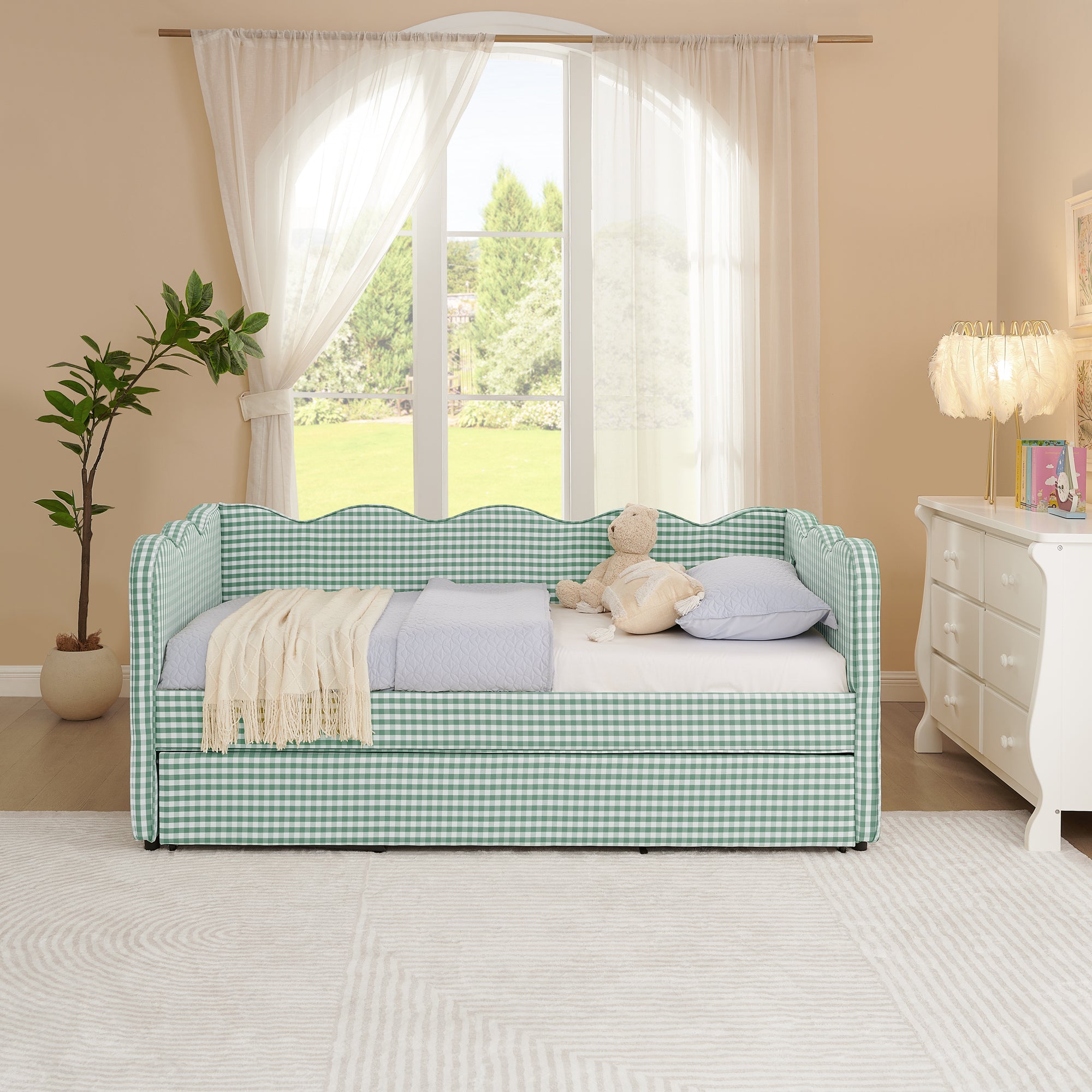 Cozy Gingham Daybed with Trundle Twin Size Sofa Bed
