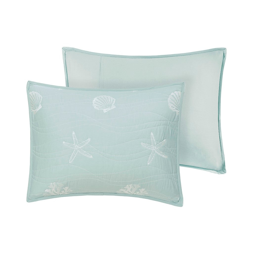 4 Piece Cotton Reversible Embroidered Quilt Set with Throw Pillow - Aqua King/Cal King