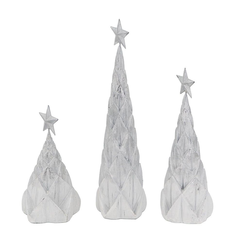 Set of 3 Resin White/Silver Foil Christmas Trees
