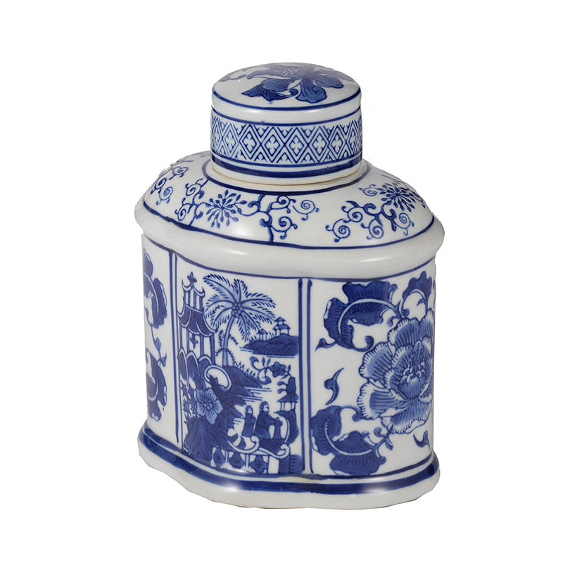 Ren Blue and White Porcelain Oval Jar with Lid, 6.2-Inch