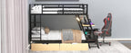 Full Size Metal Bunk Bed with Built-in Desk, Light and 2 Drawers