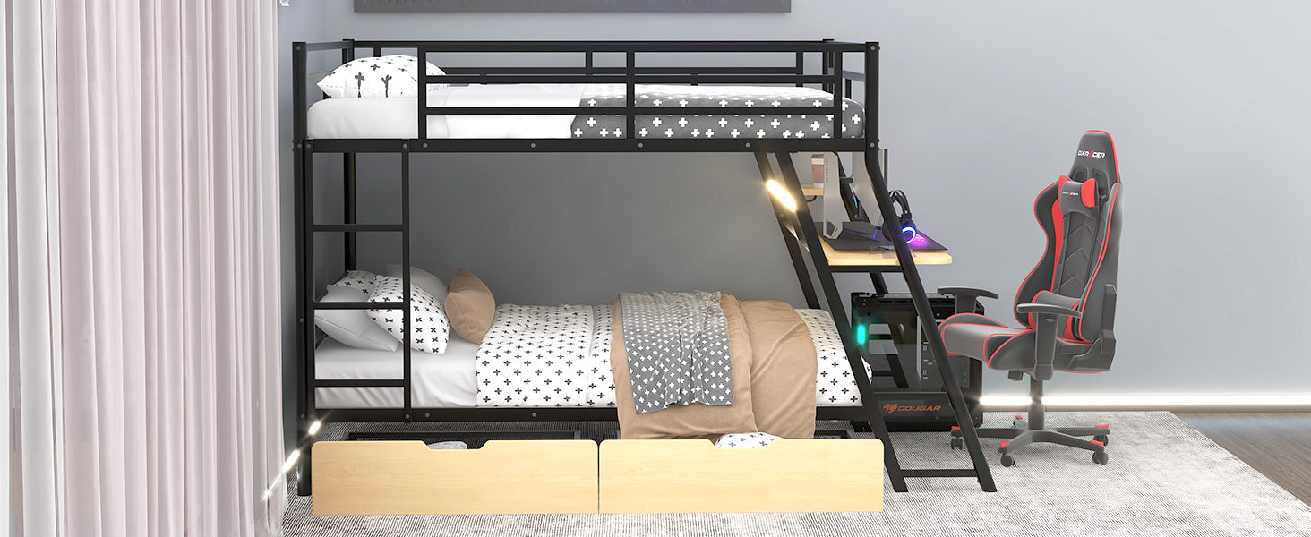 Full Size Metal Bunk Bed with Built-in Desk, Light and 2 Drawers