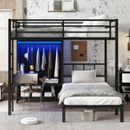 Full XL Over Twin Metal Bunk Bed with Folding Desk and LED Closet