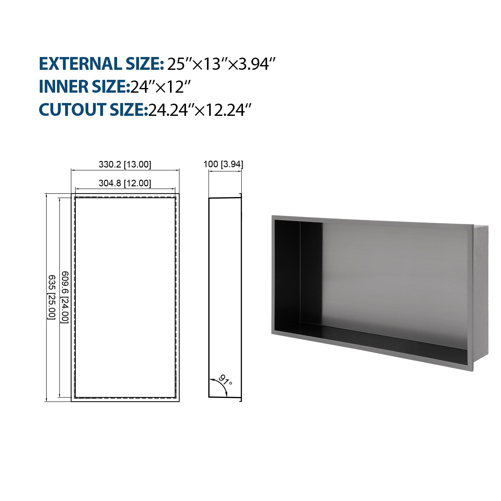 25" x 13" Stainless Steel Shower Niche, Gunmetal