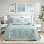 4 Piece Cotton Reversible Embroidered Quilt Set with Throw Pillow - Aqua King/Cal King