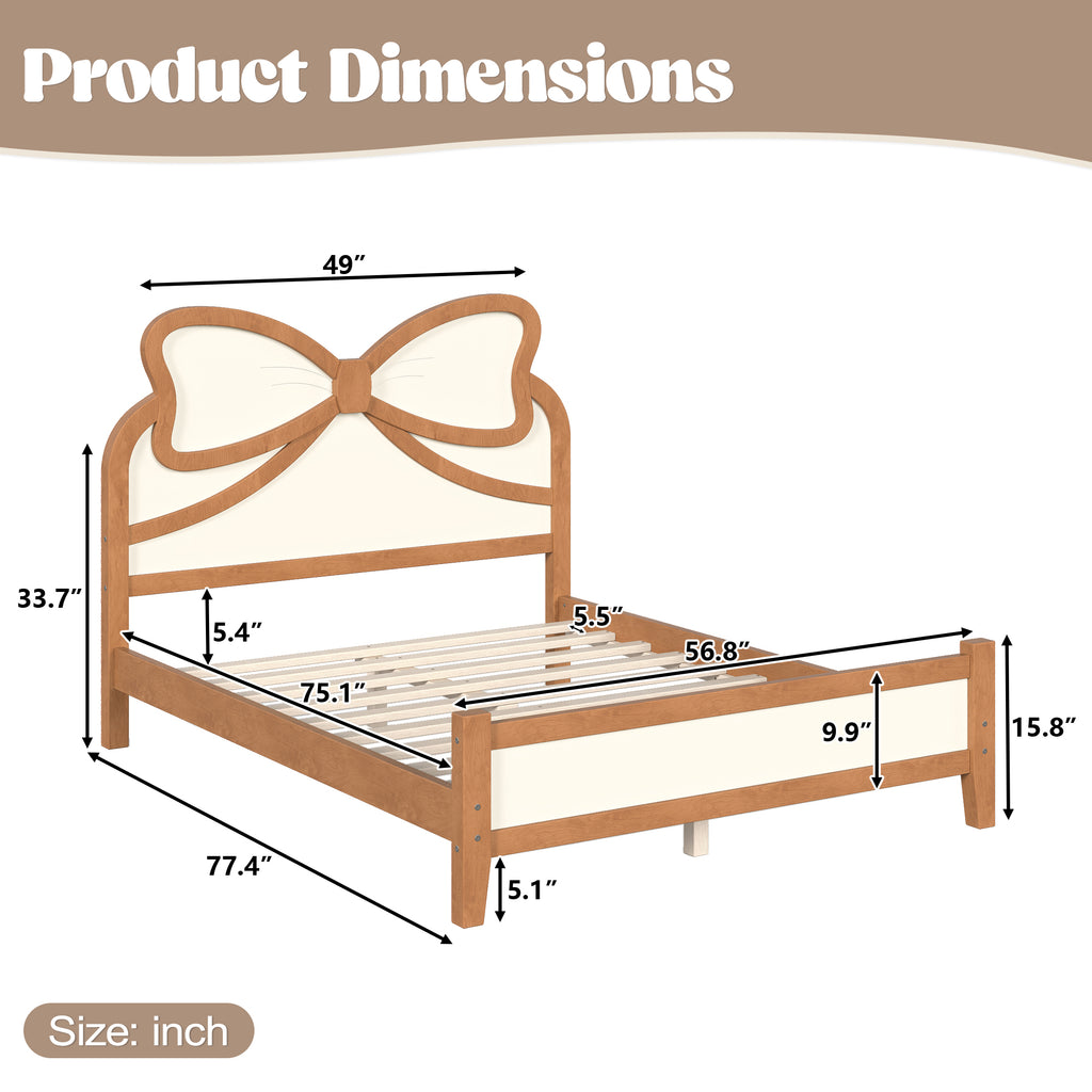 Full Size Wooden Platform Bed with Bow Headboard, Beige and Natural