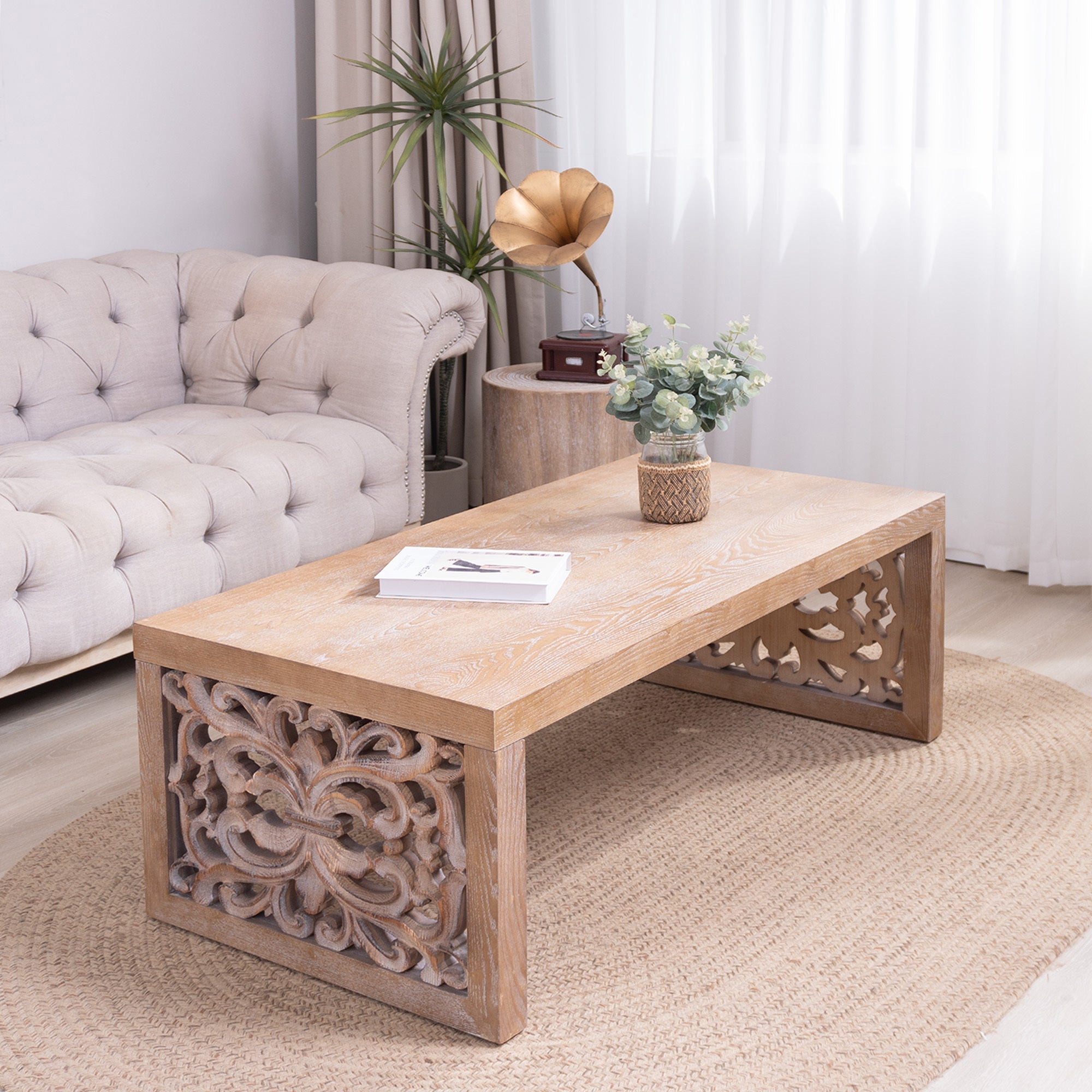 47.2 Rustic Carved Wood Coffee Table – Handcrafted Look with Ornate Side Panels