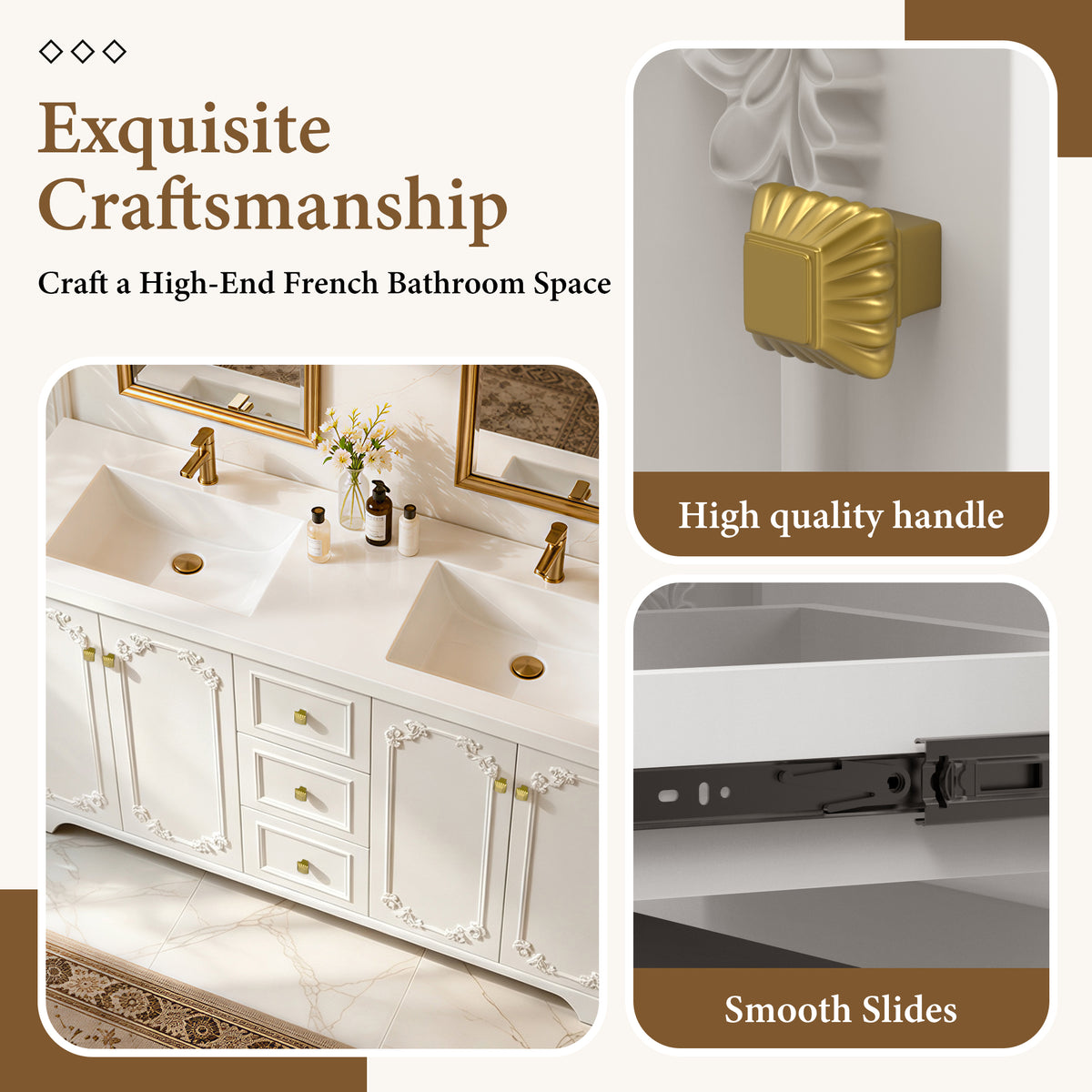 60" White French-Style Bathroom Vanity Cabinet