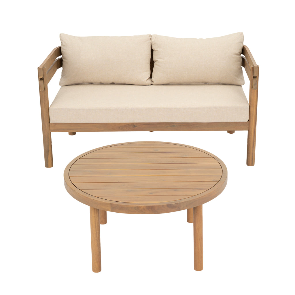 2-Piece Outdoor Acacia Wood Patio Loveseat Conversation Set, Light Brown
