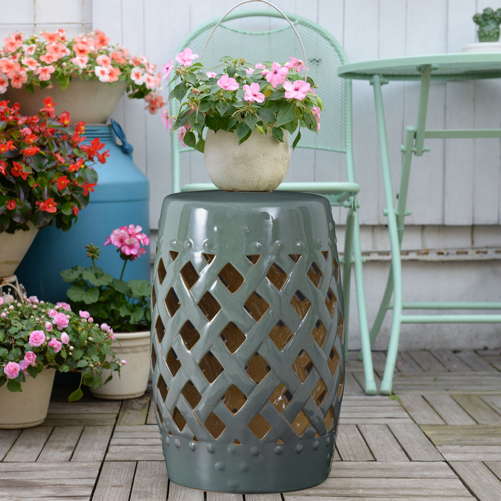 Outsunny 13" x 18" Ceramic Garden Stool with Woven Lattice Design